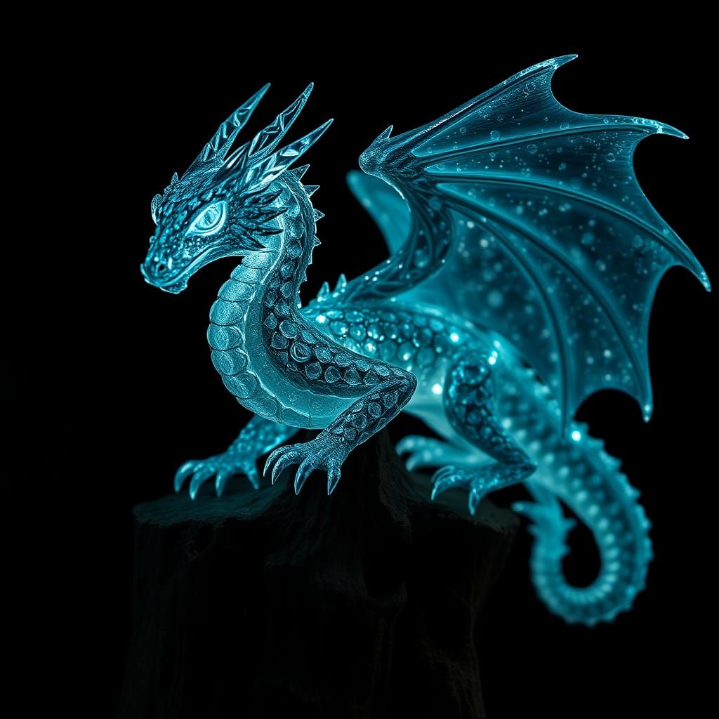 Bioluminescent Crystal Dragon Sculpture on Tree Stump