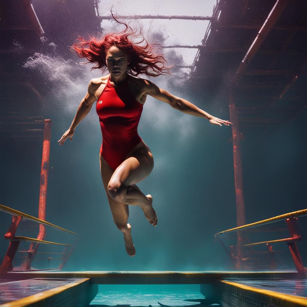 Girl Jumping on Diving Board: Dark Fantasy Art