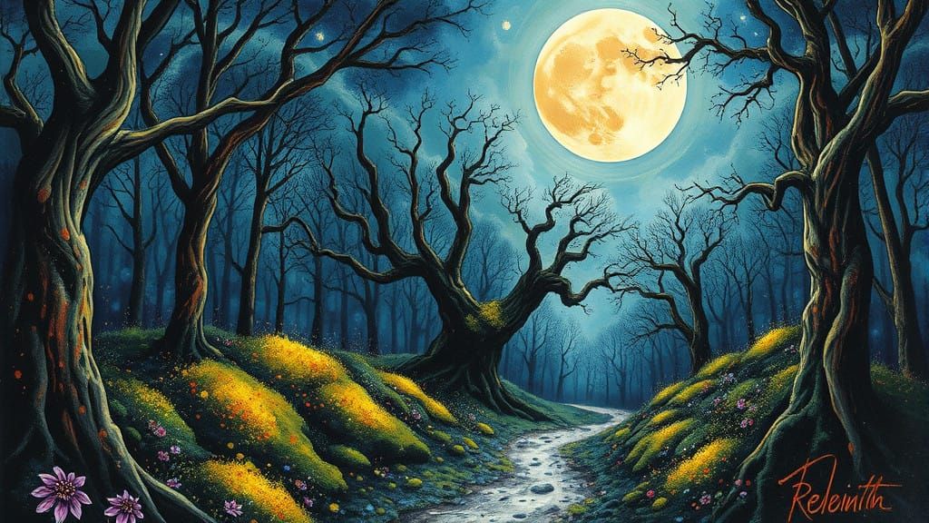 Moonlit Forest Enchantment in Expressive Art