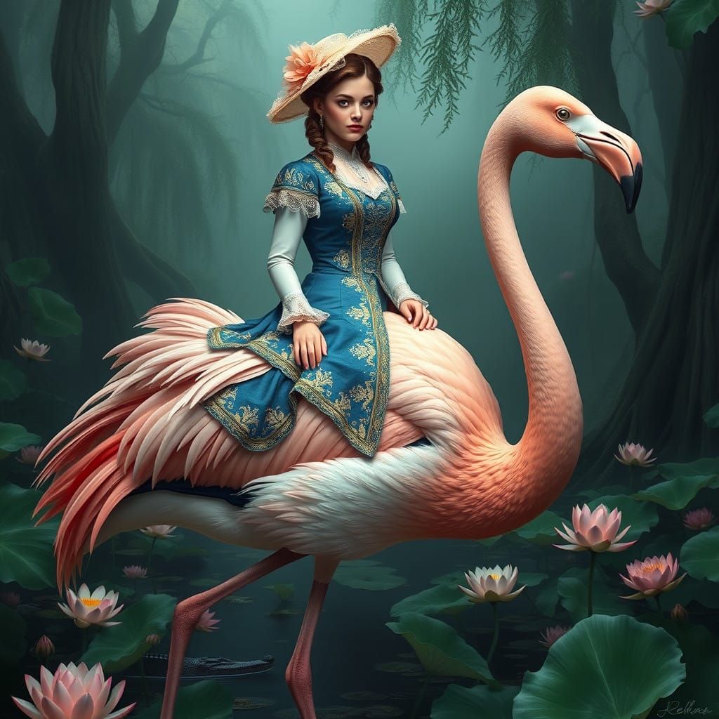 Ethereal Woman on Majestic Flamingo in Dreamlike Swamp