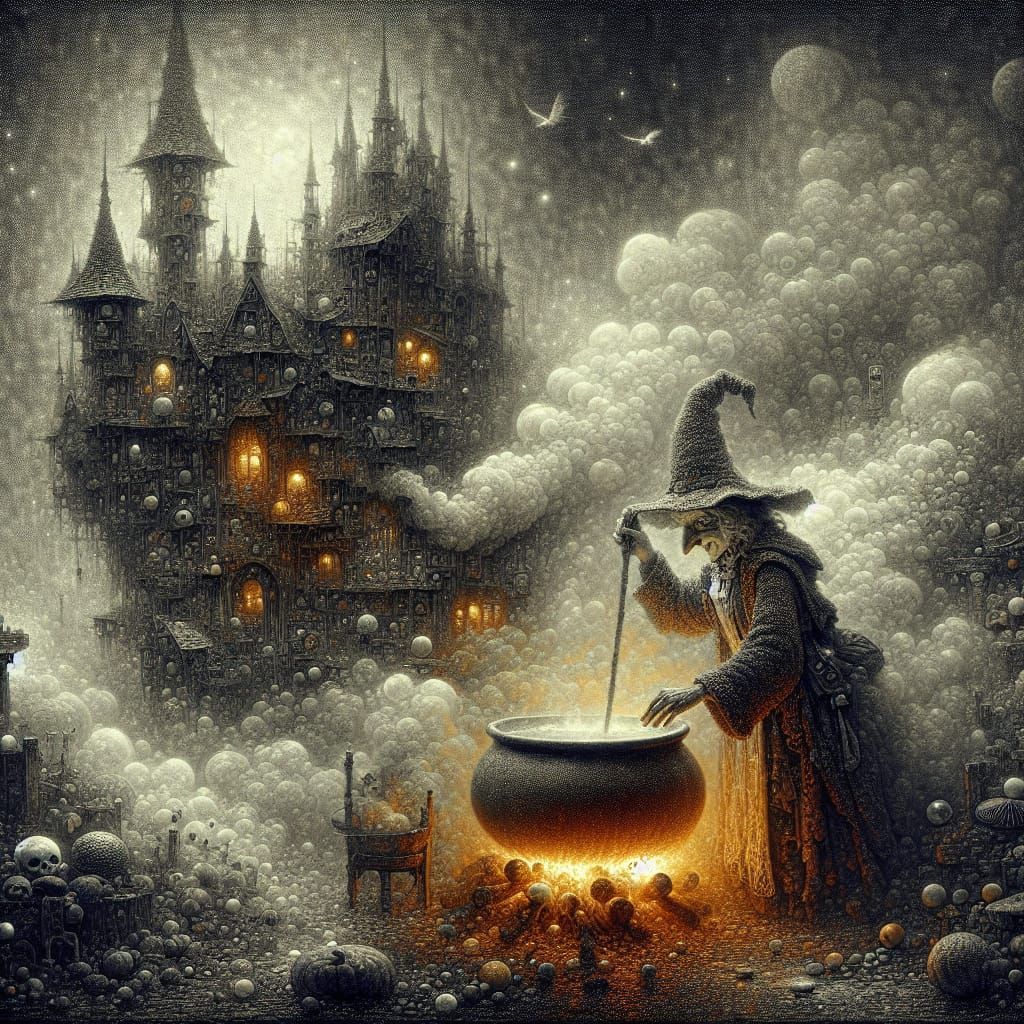 Whimsical Witch Stirring Cauldron in Foggy Scene