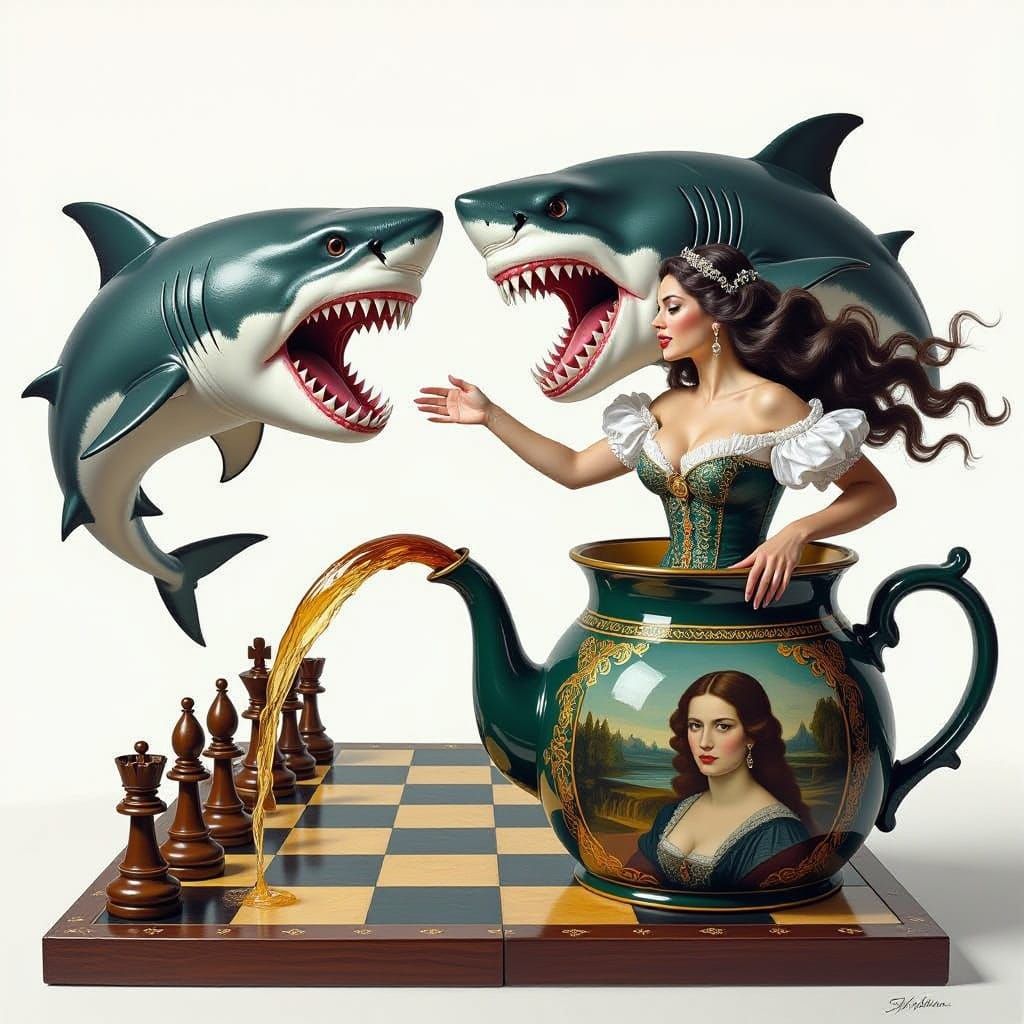 Woman Touches Sharkhorse Skulls in Romantic Chess Battle