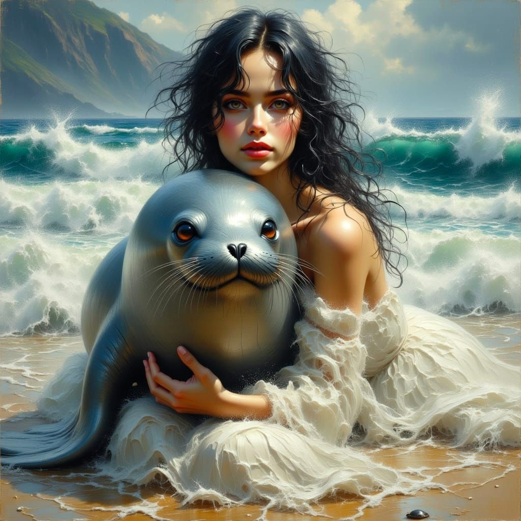 Woman and Seal in Stormy Seas: Impasto Oil Painting