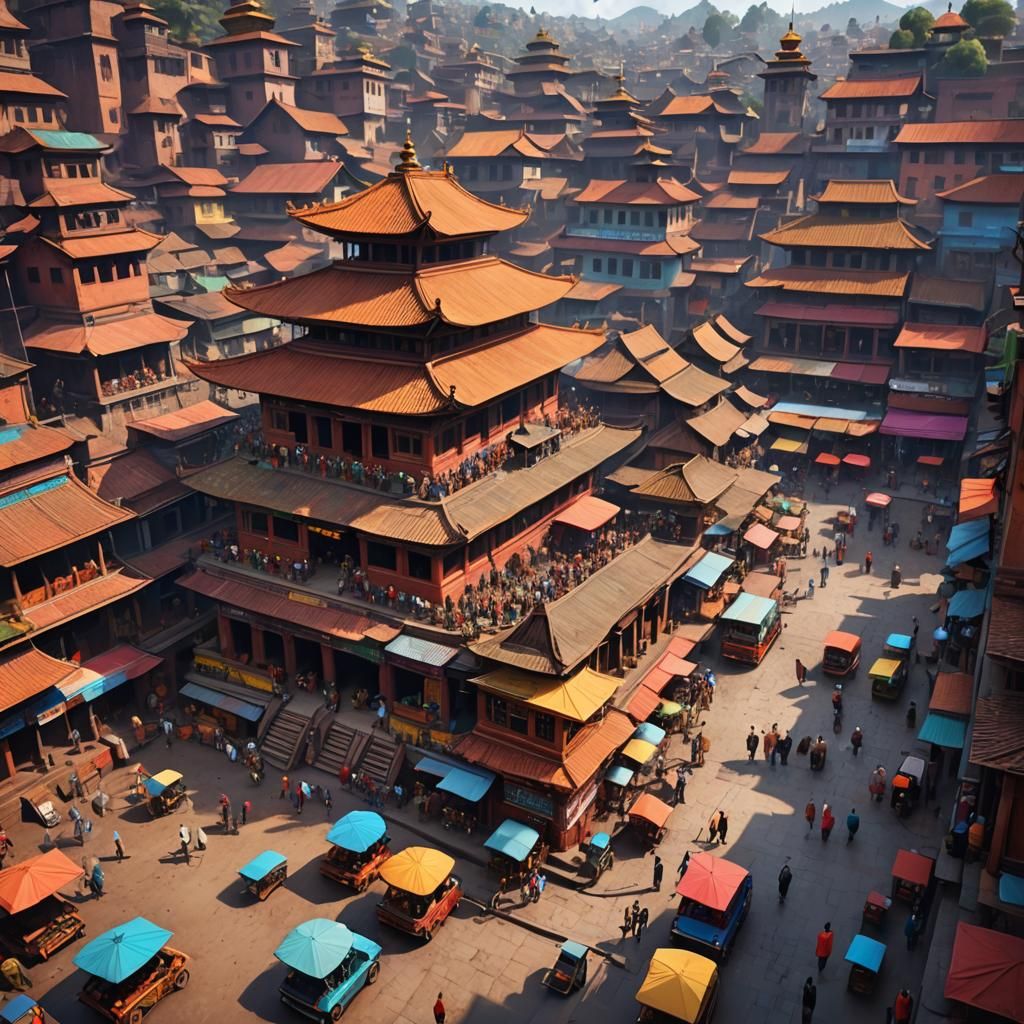 Kathmandu-Durbar Inspired Cityscape in Matisse Style