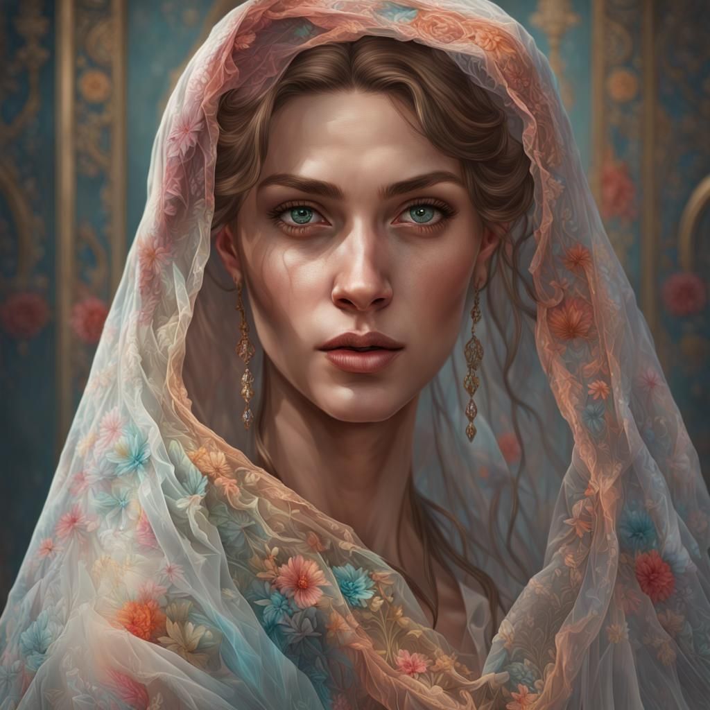 Embroidered Veil Portrait in Art Nouveau Style