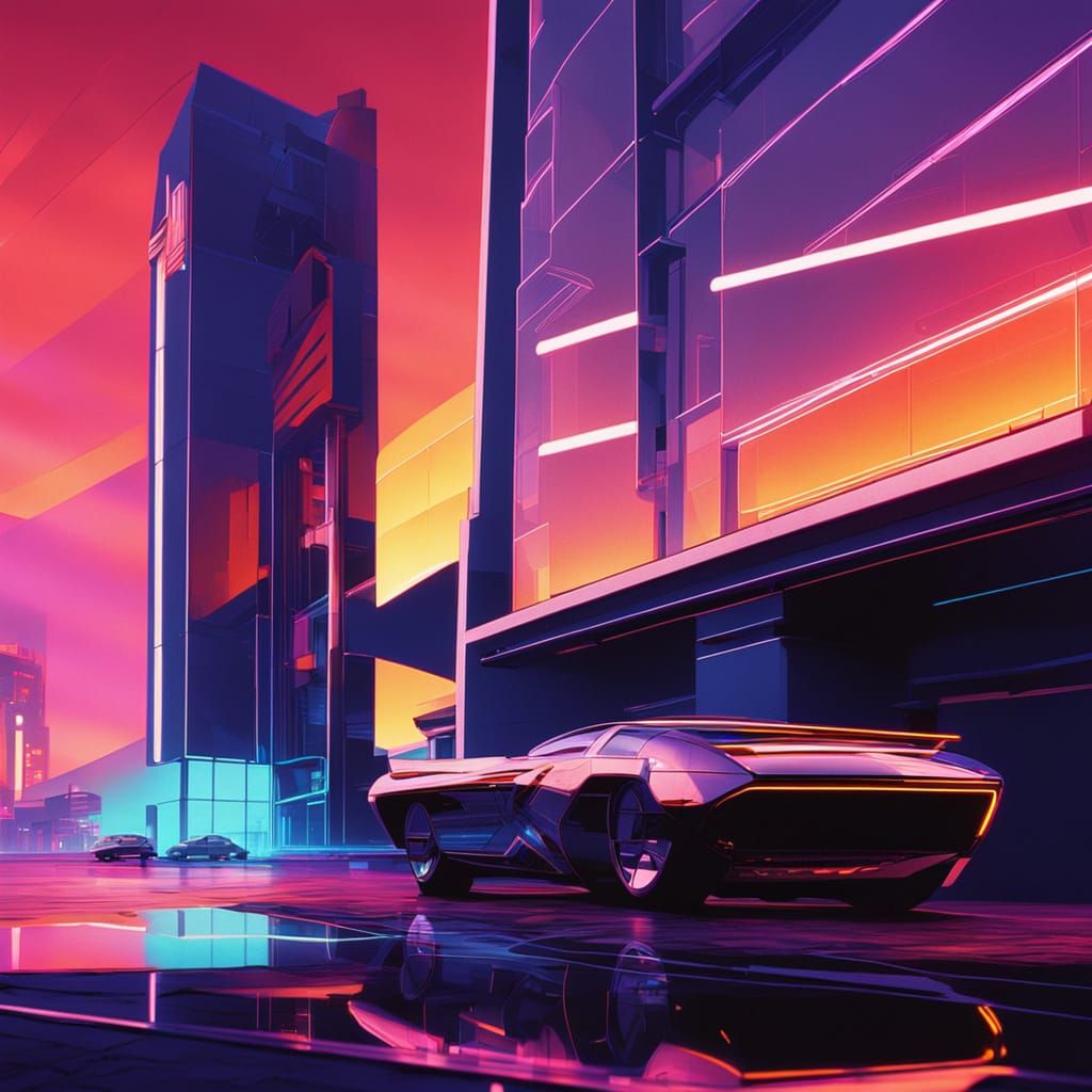 Futuristic Building with Neon Lights in Film Still