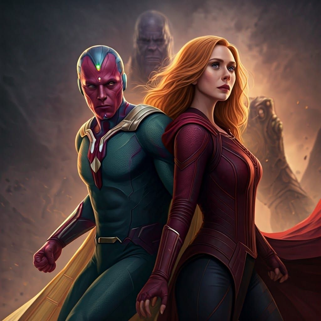 Vision and Wanda Face Thanos in Comic Book Style