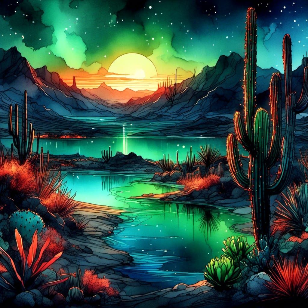 Night Aurora Over Desert with Glowing Scorpions