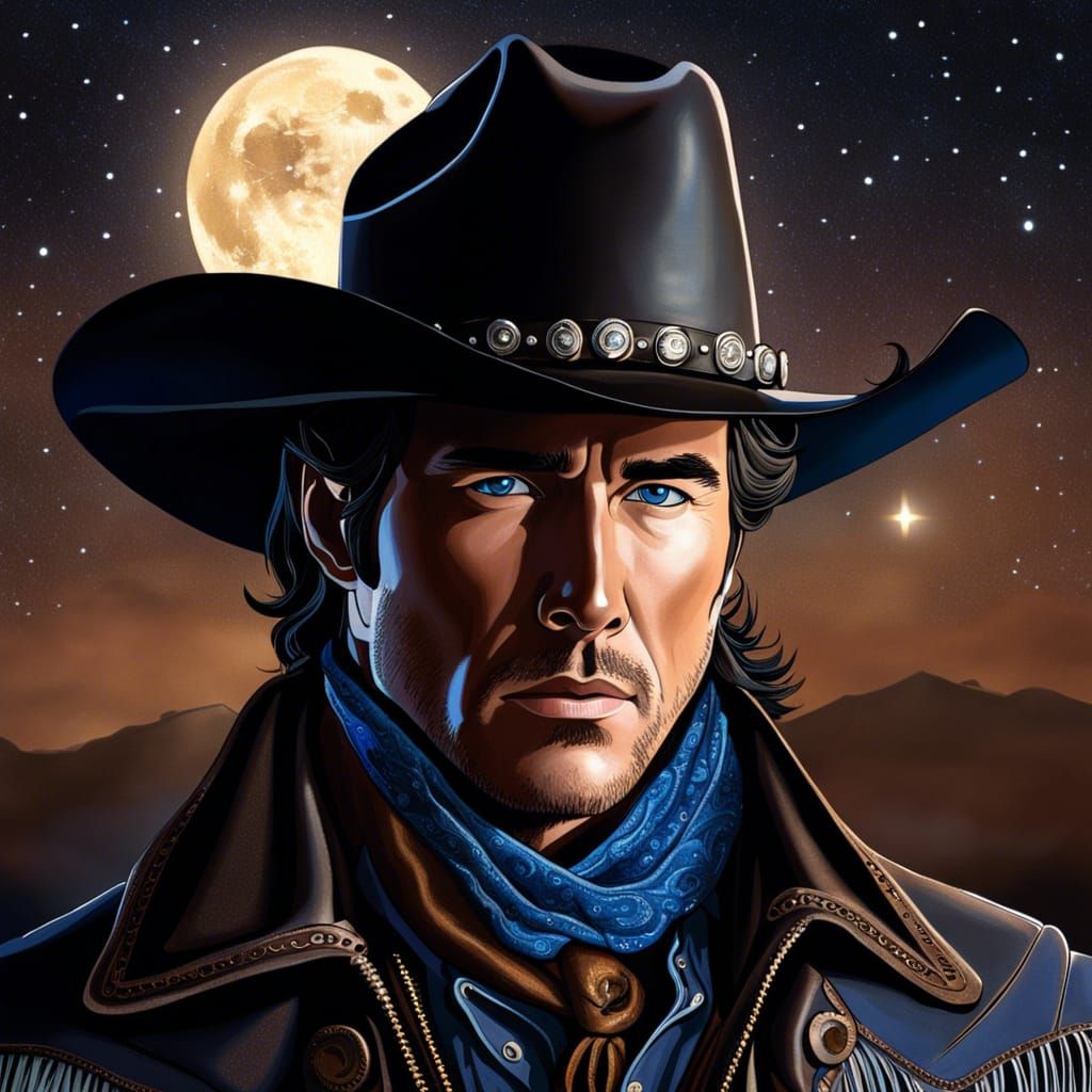 Handsome Cowboy Portrait under a Full Moon