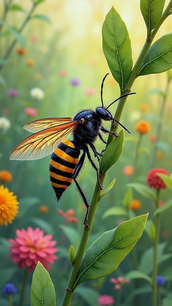 Sawfly Laying Eggs in Impressionistic Watercolor Style