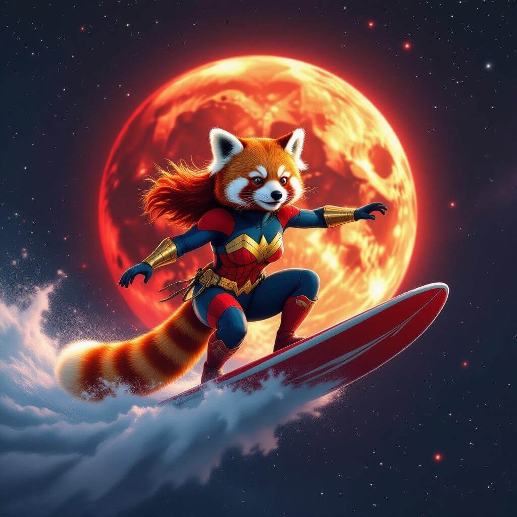 Wonder Woman Red Panda Surfing in Red Space
