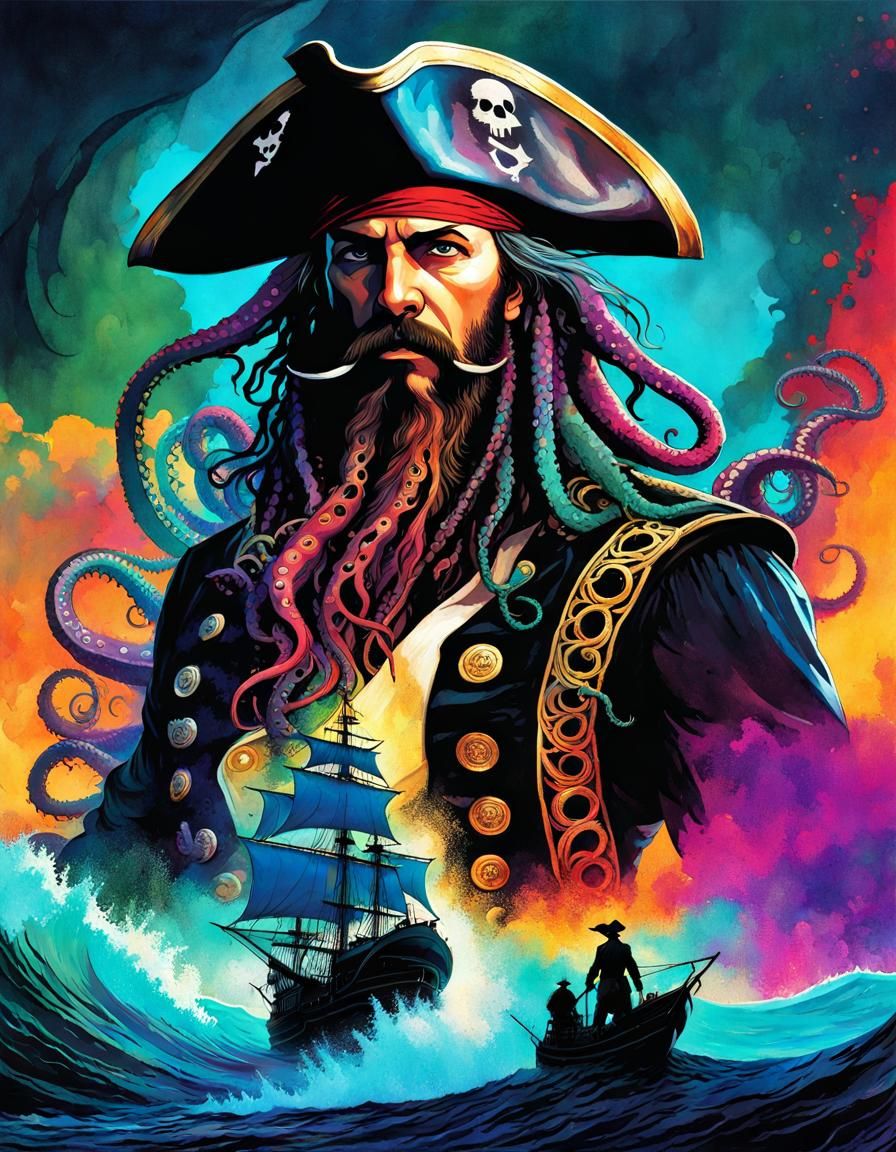 Kraken's Pirate: Glitchcore Portrait in Storm