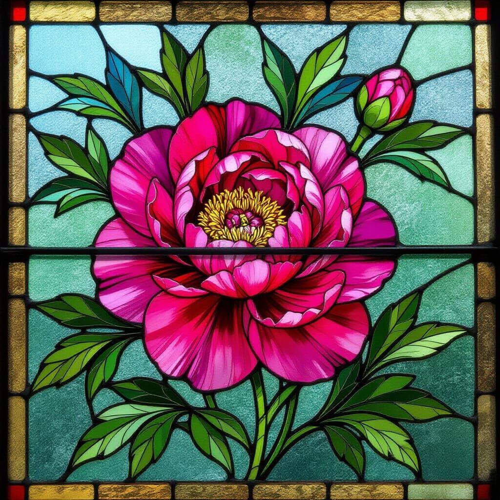 Stained Glass Window Depicting a Peony Flower