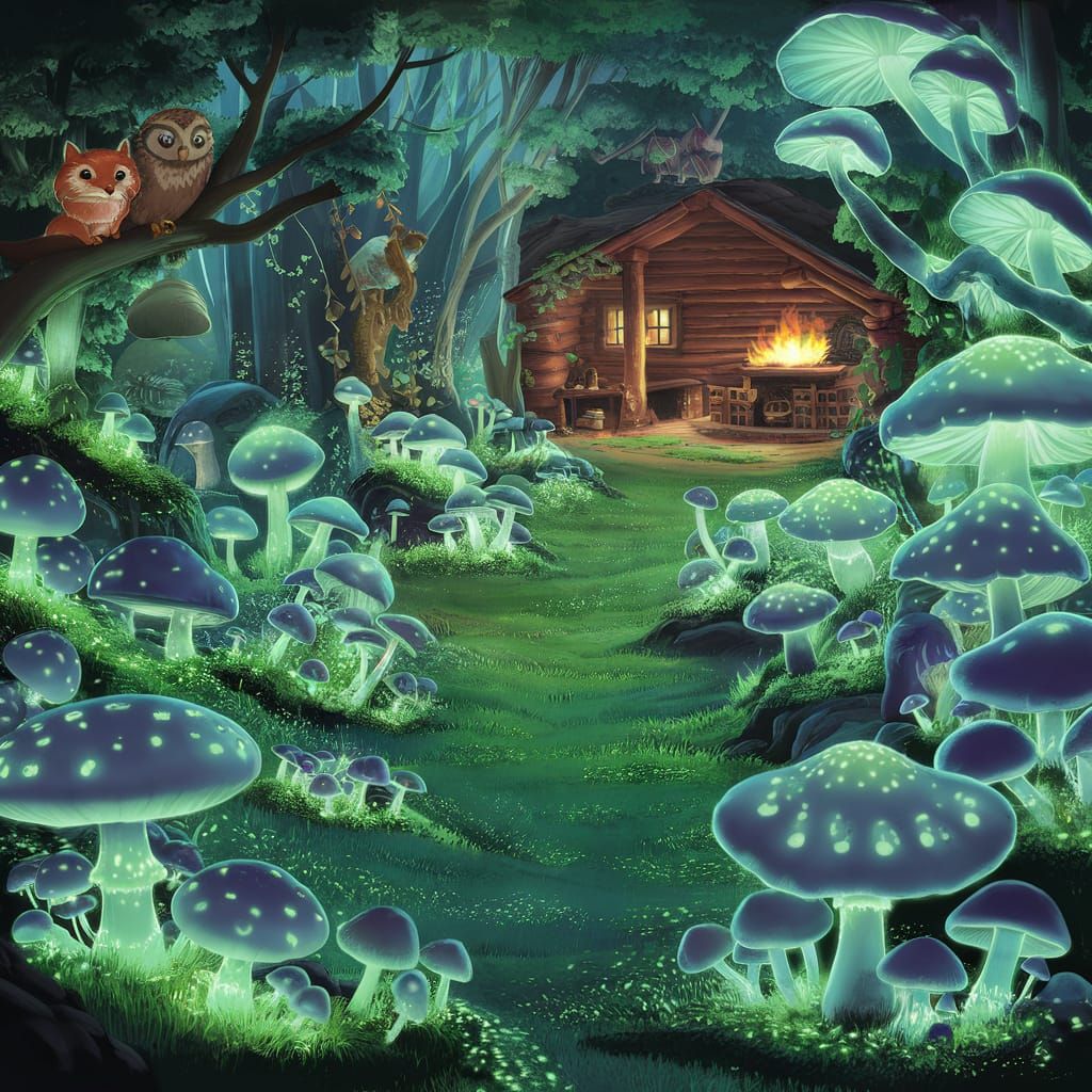 Glowing Mushroom Forest with Cozy Cabin