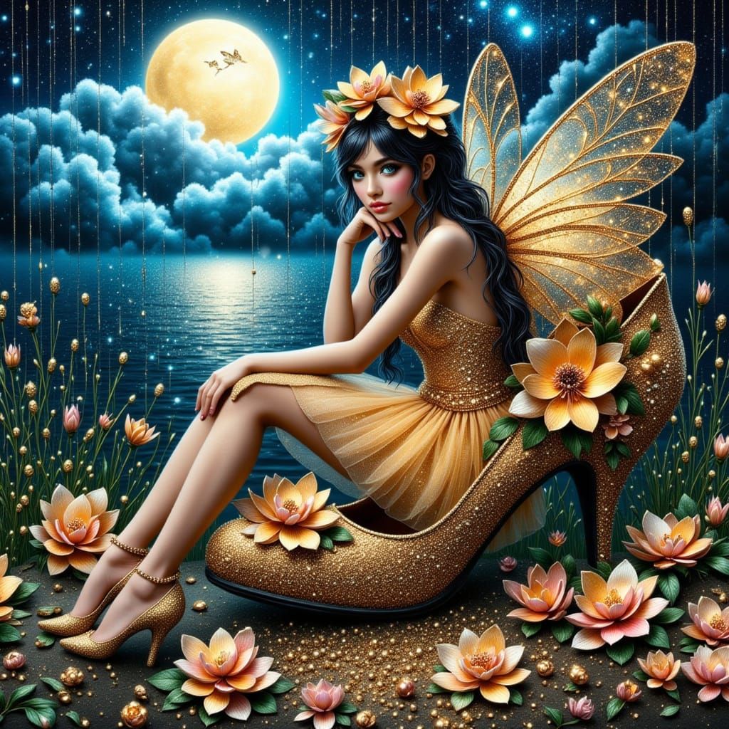 Golden Glitter Fairy in Whimsical Wonderland