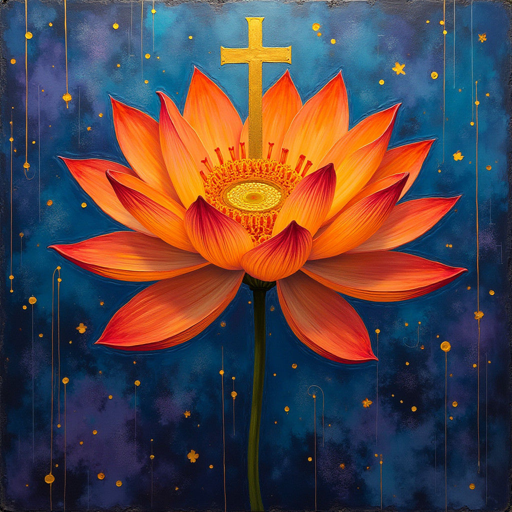 Vibrant Orange Lotus with Swirling Cross of Lorraine