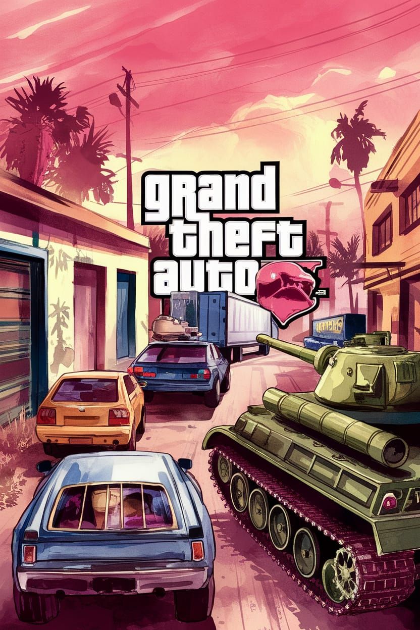 Grand Theft Auto Scene in Watercolor Style