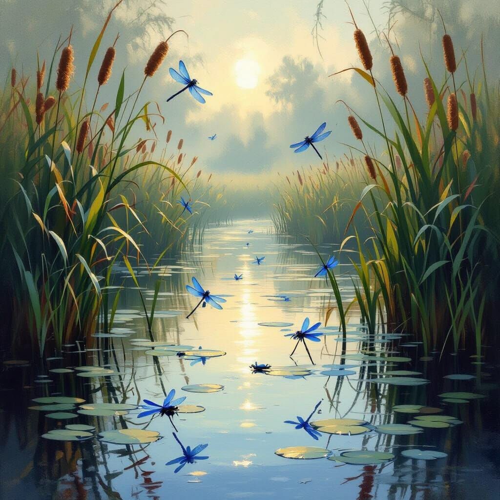 Murky Swamp Lake with Blue Dragonflies in Impressionist Styl...
