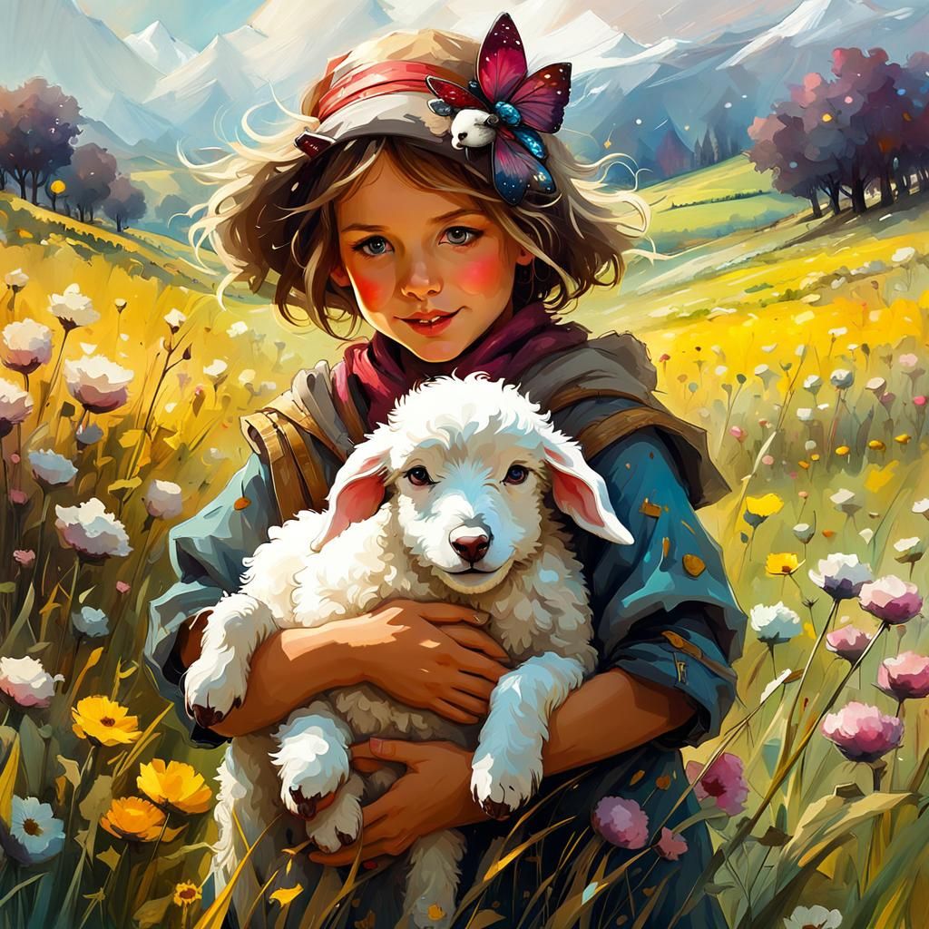 Shepherd Girl with Lamb Puppy: Hyperdetailed Fantasy Art