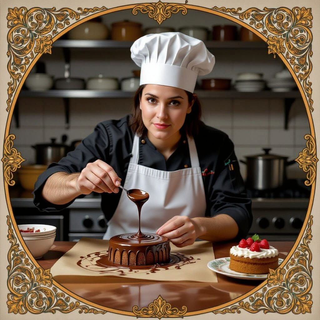 Chocolatier Drizzling Chocolate in Art Nouveau Style