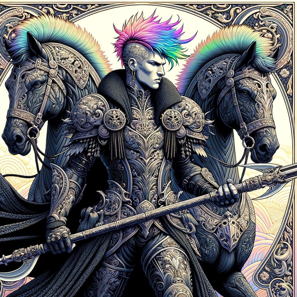 Gothic Warrior with Stallions in Art Nouveau Style