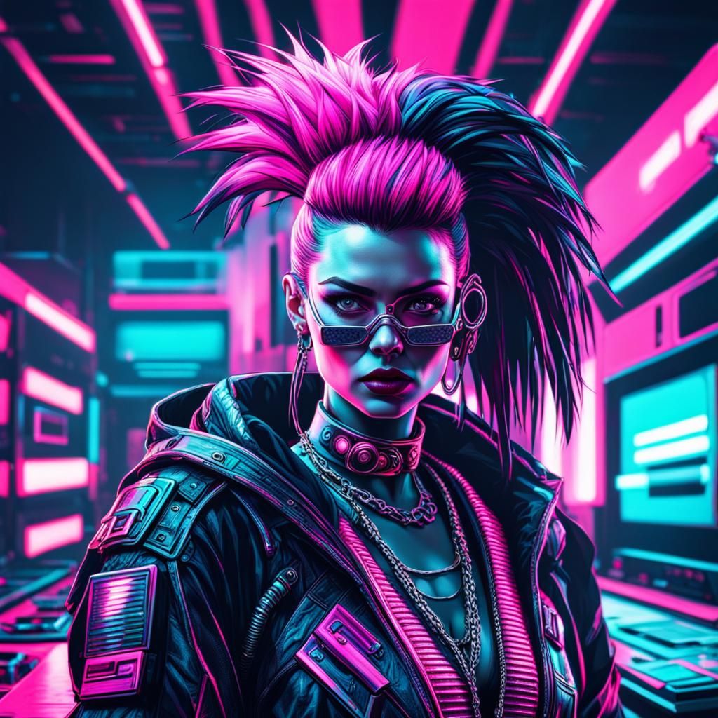 Hyperrealistic Punk Woman in Synthwave Style