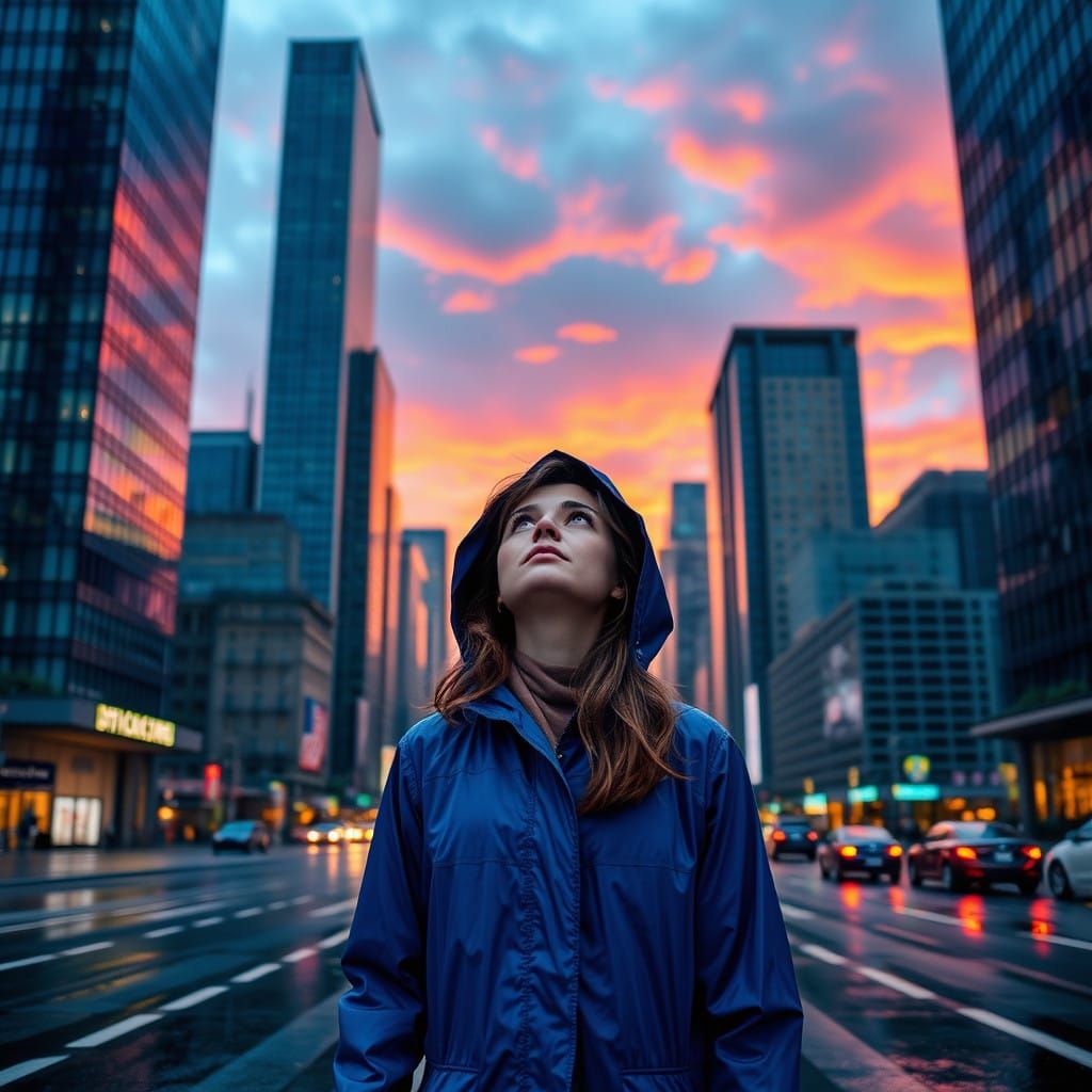 Woman in Vibrant Blue Raincoat Amidst a Kaleidoscopic Citysc...