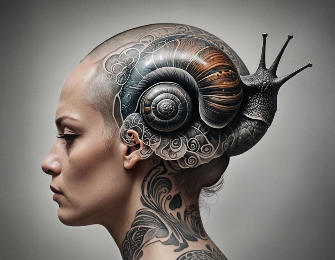 Surreal Double Exposure of a Snail Emerging from a Tattoo