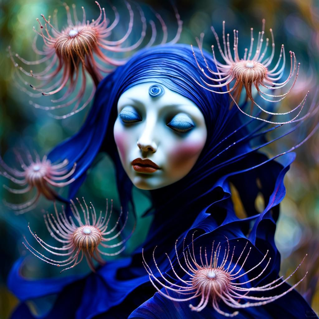 Enigmatic Desert Spirit in Vibrant Indigo Robes