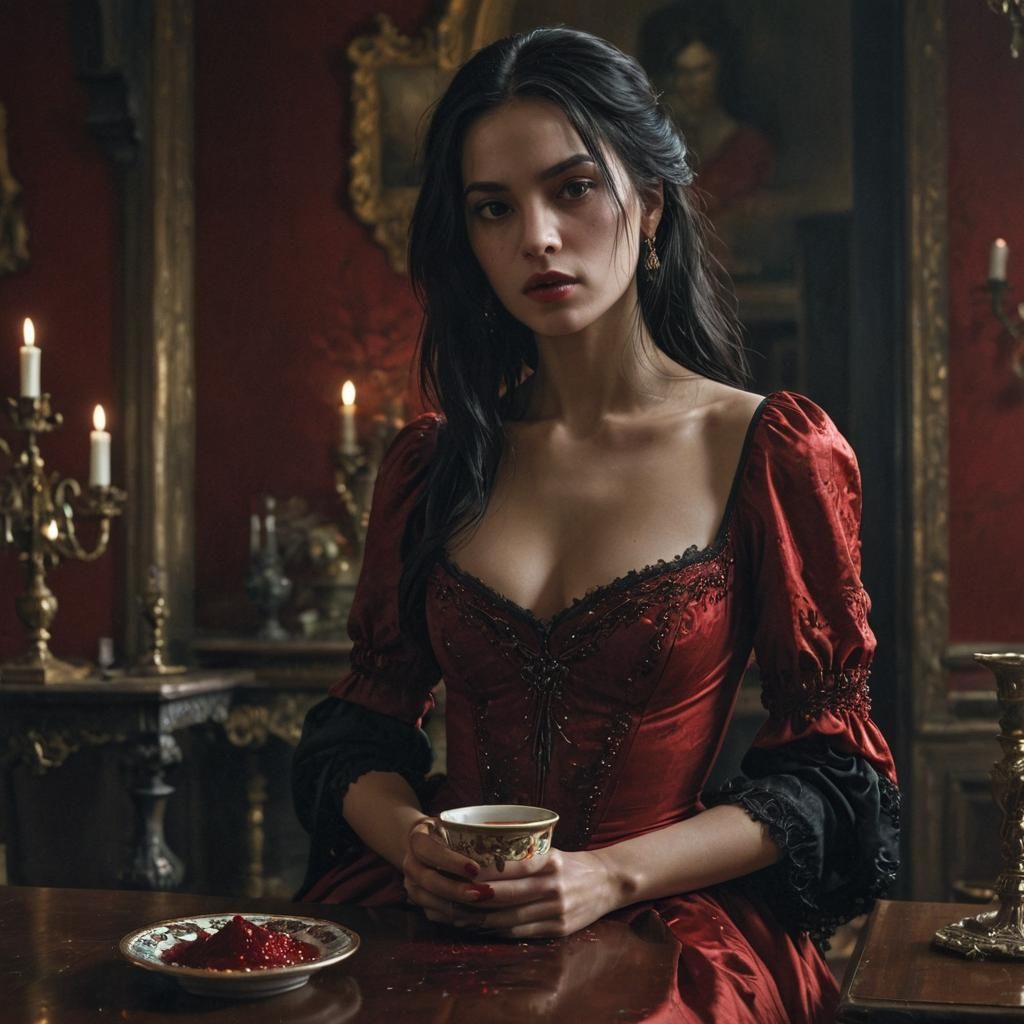 Dark Fantasy Woman in Red Dress Illustration