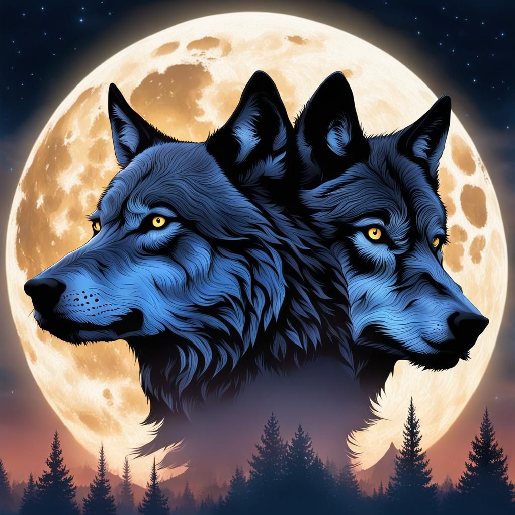 Wolves Silhouette Portrait Under Full Moon: Digital Matte Pa...
