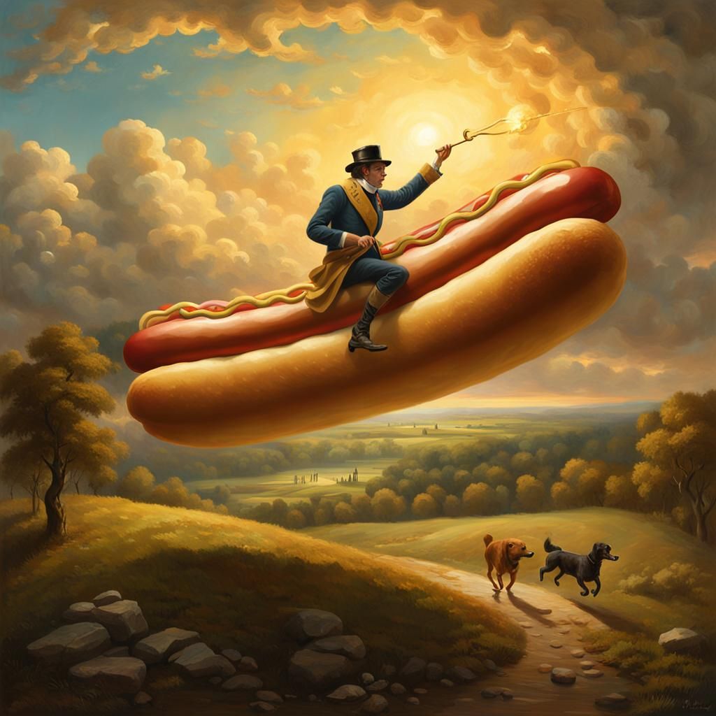 A fatto man  riding a Giant hot dog painting by Jacques-Loui...