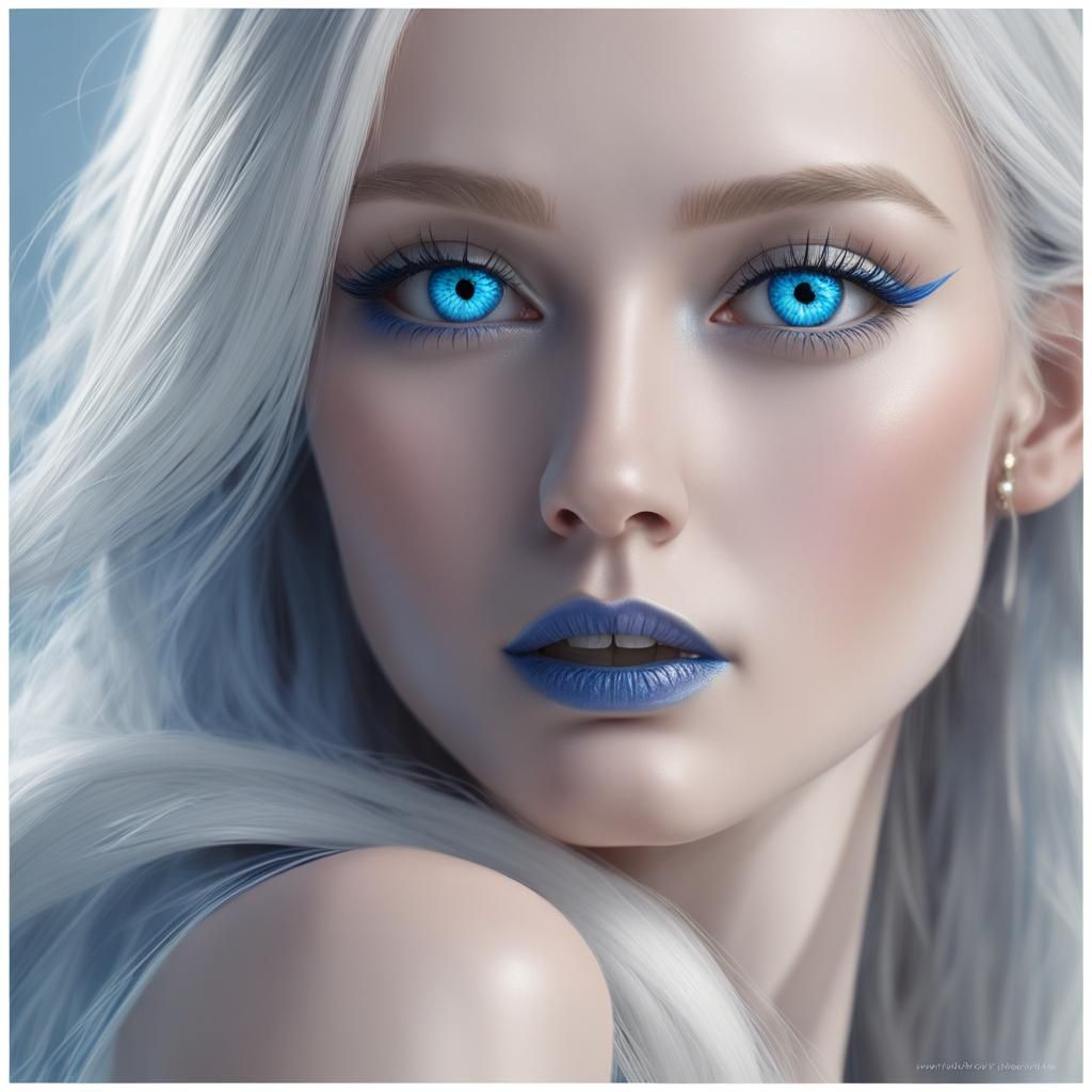 Beautiful young lady with long platinum blonde hair and blue eyes with cobalt blue eyeshadow with blue eyeliner and blue...