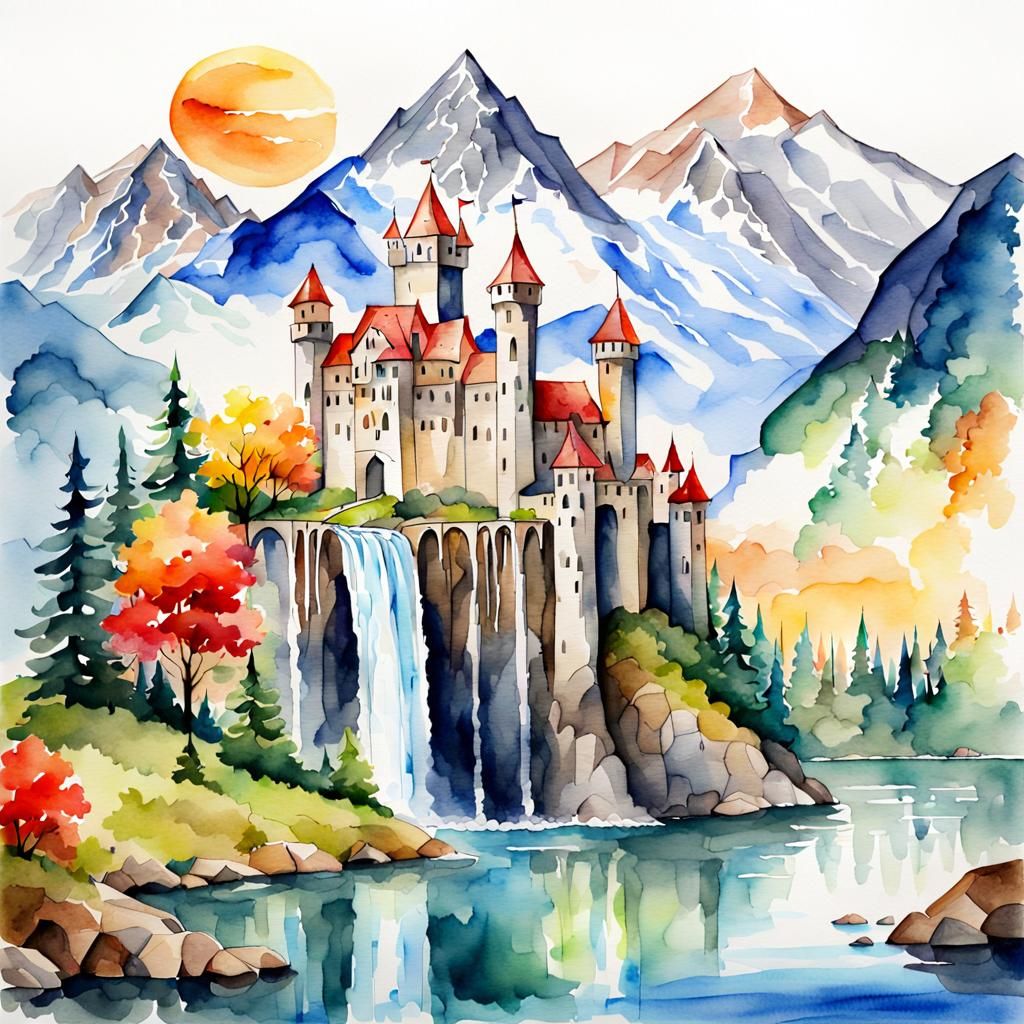 Watercolor Castle Landscape with Mountains and Lake