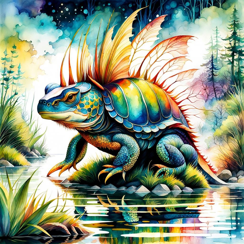 Fantasy Creature in Summer Dreamscape: Watercolor Art