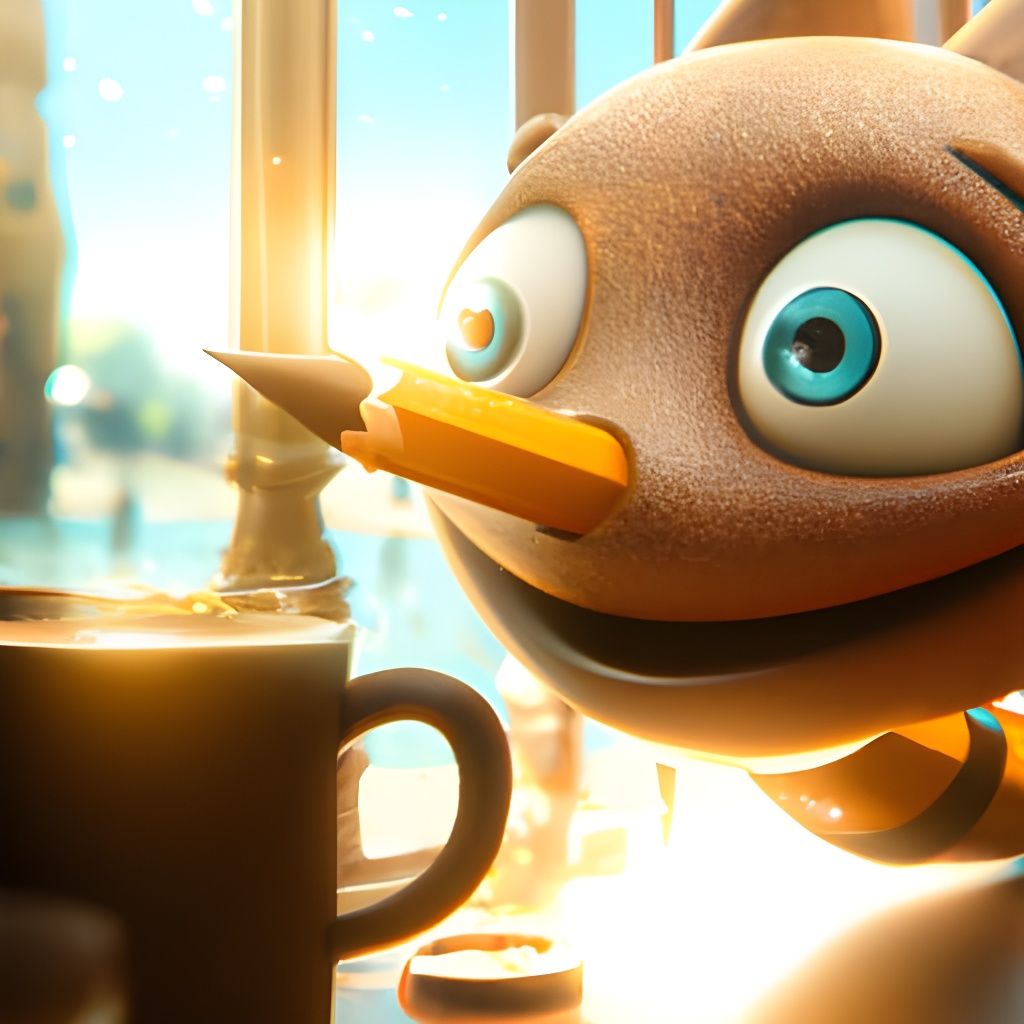 Adorable Pencil Character Enjoying Coffee, 3D Digital Art