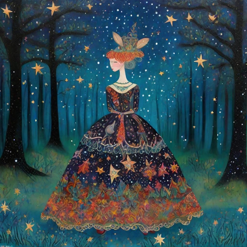 Alebrije-Style Witch in Filigree Dress Under Stars