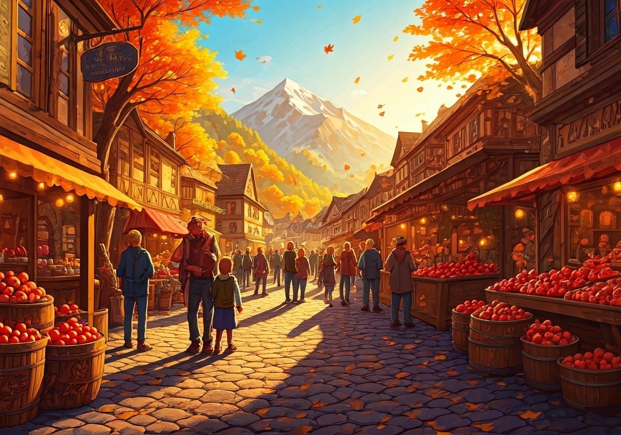 Mountain Village Harvest Festival in Watercolor Style
