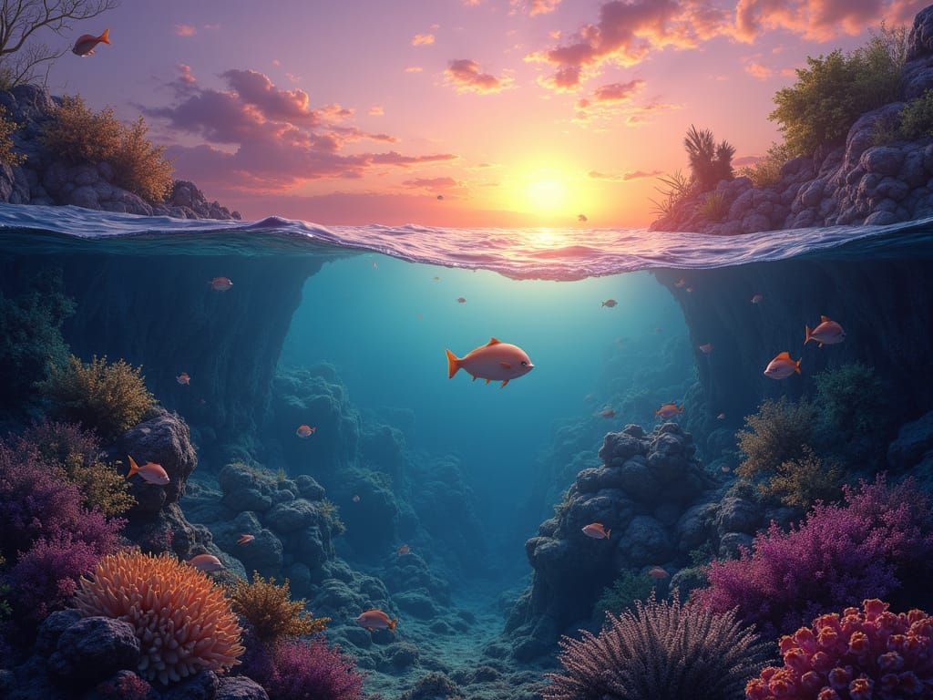 Ethereal Split Realism: Sunset Meets Underwater Realm in Vib...