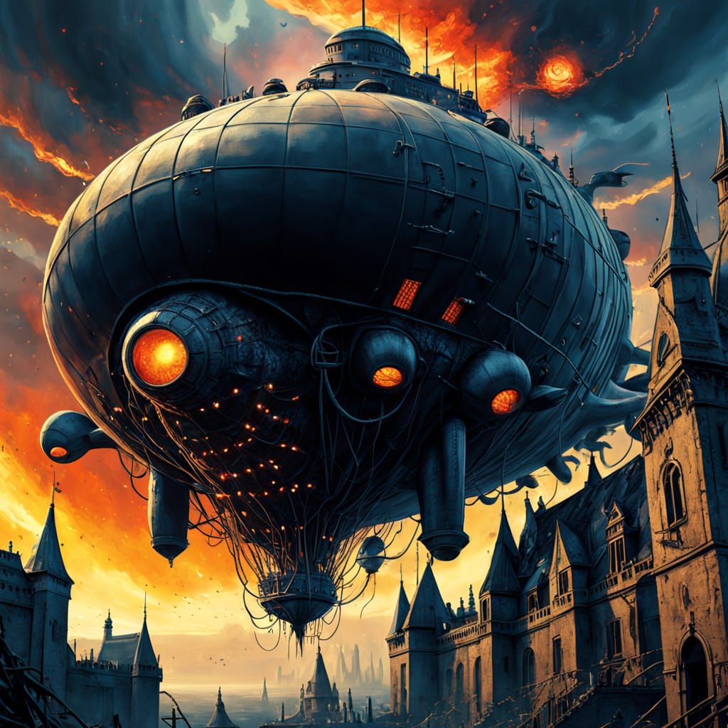 Surreal Zeppelin Battles Alien Castle in Dystopian Chaos