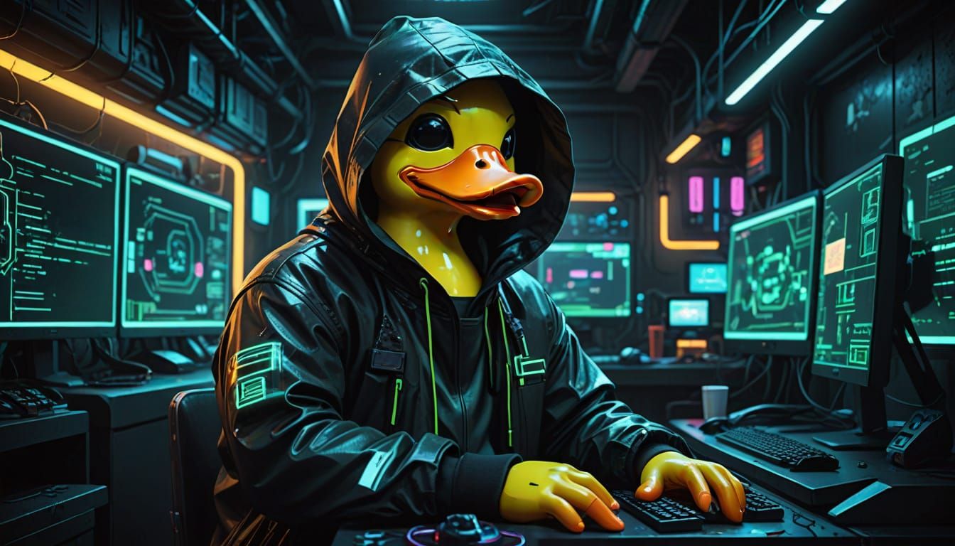 Cyberpunk Hacker Duck in a Neon-Lit Hacking Lair