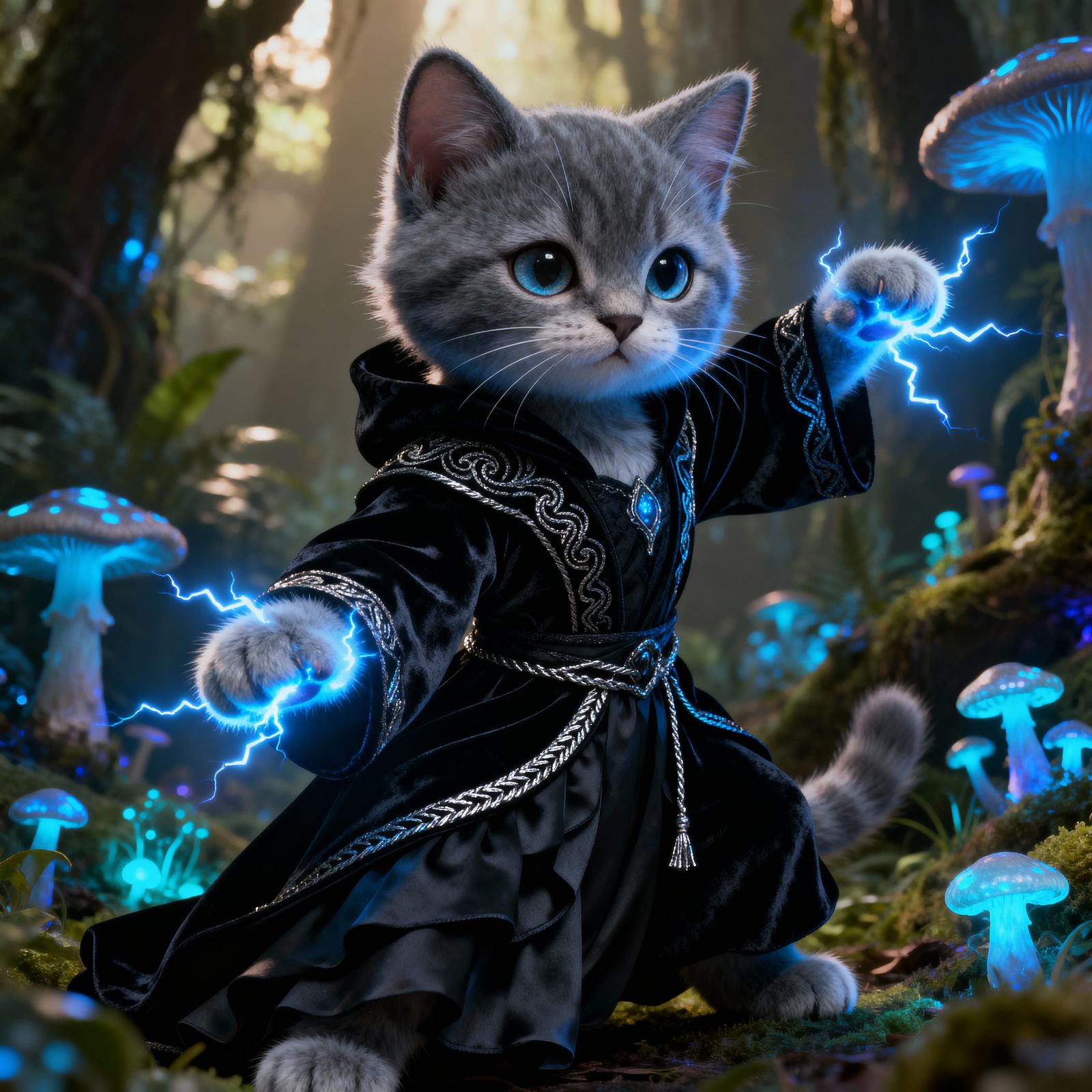 Kitten Sorceress Emitting Blue Lightning in Bioluminescent J...