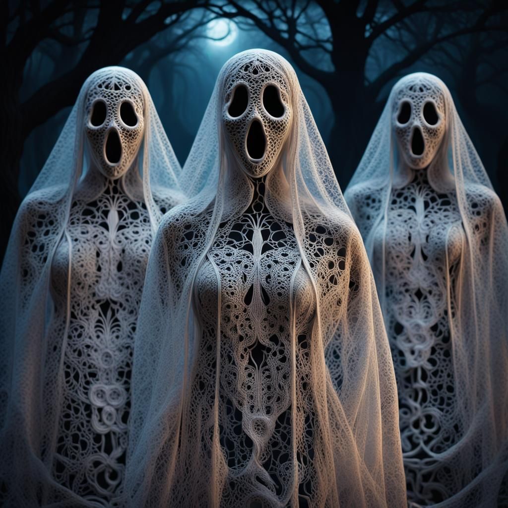 Eerie Lace Ghosts Trick-or-Treating: Intricate Digital Art