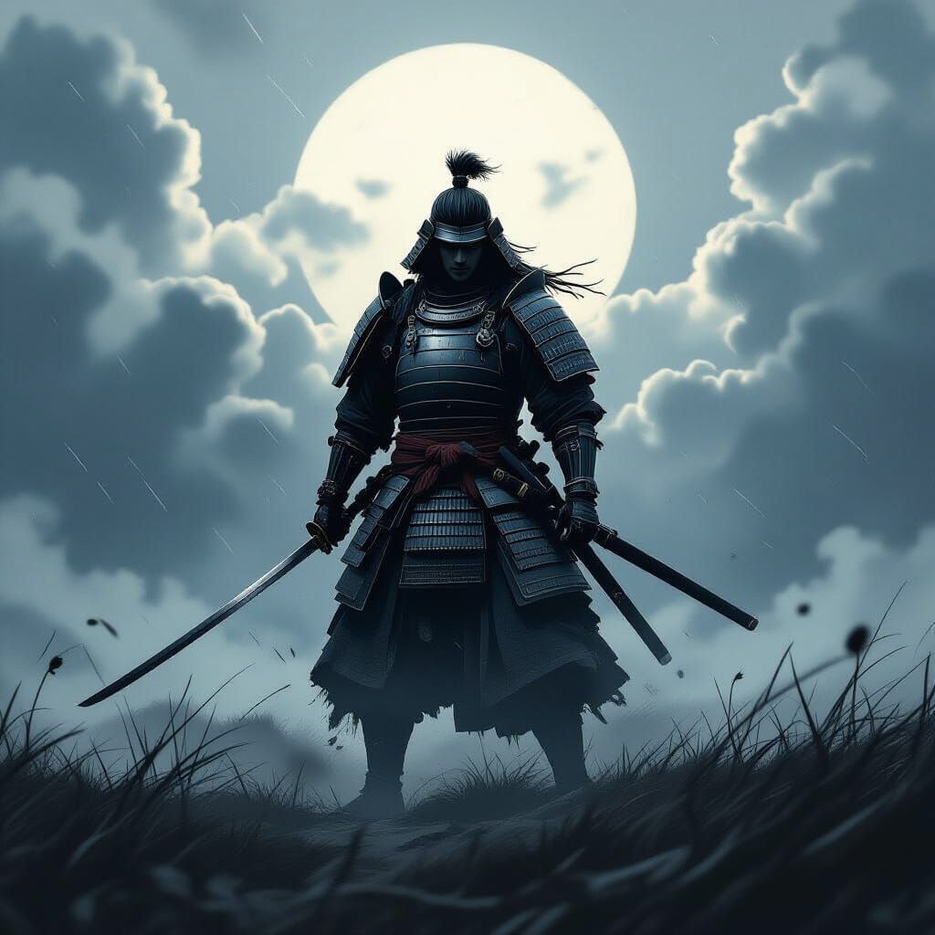 Samurai Warrior on Desolate Battlefield in Stormy Sky