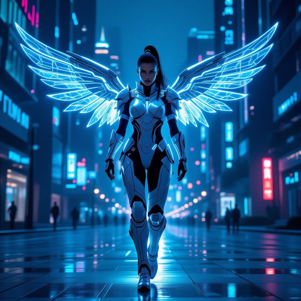 Androgynous Aquarius Warrior in Neon Futuristic City