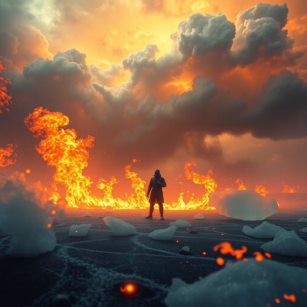 Figure in Circle of Fire and Ice Amidst Thunderstorm