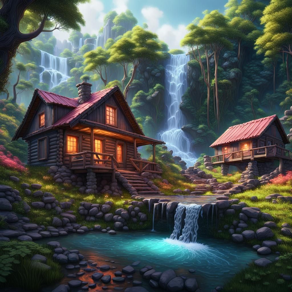 Hidden Waterfall Landscape with Cozy Cabin