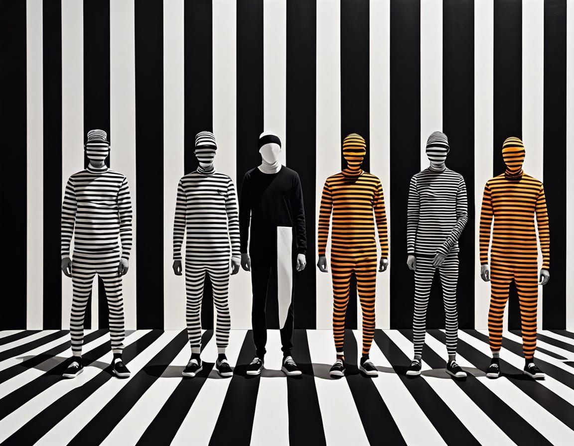 Six Striped Figures, One in Vibrant Neon