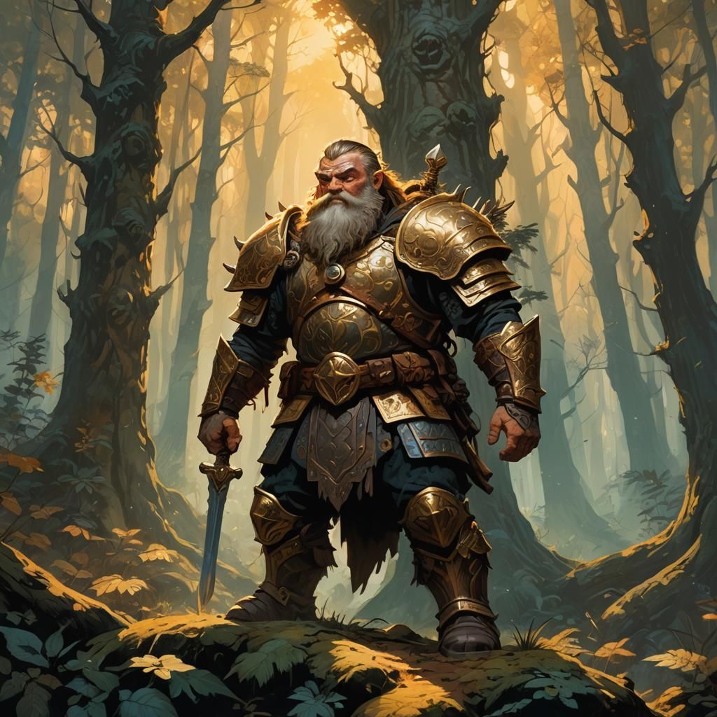Dwarf Warrior in Mystical Forest, Fantasy Illustration