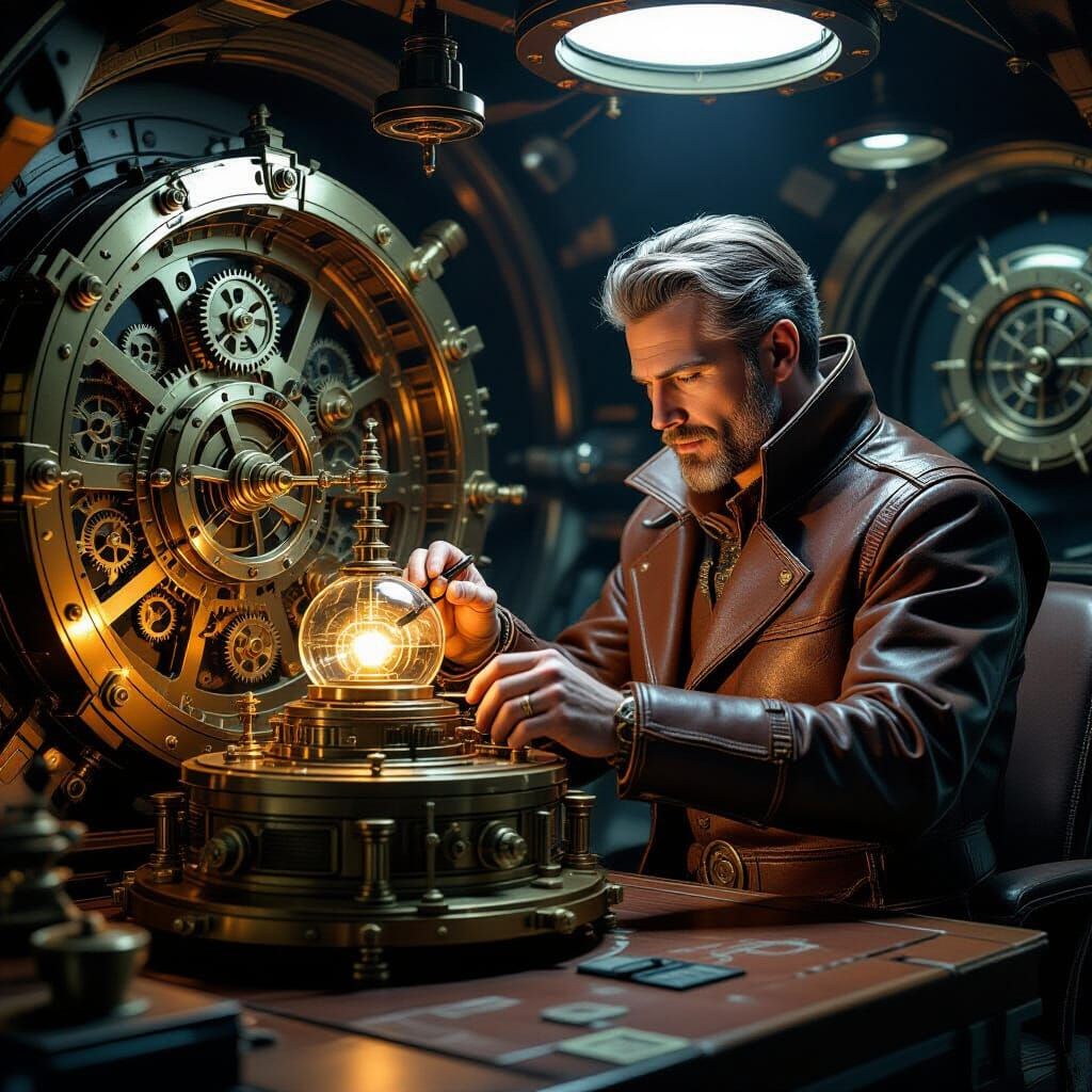 Inventor Setting Time Machine, in Industrial Futurism Style